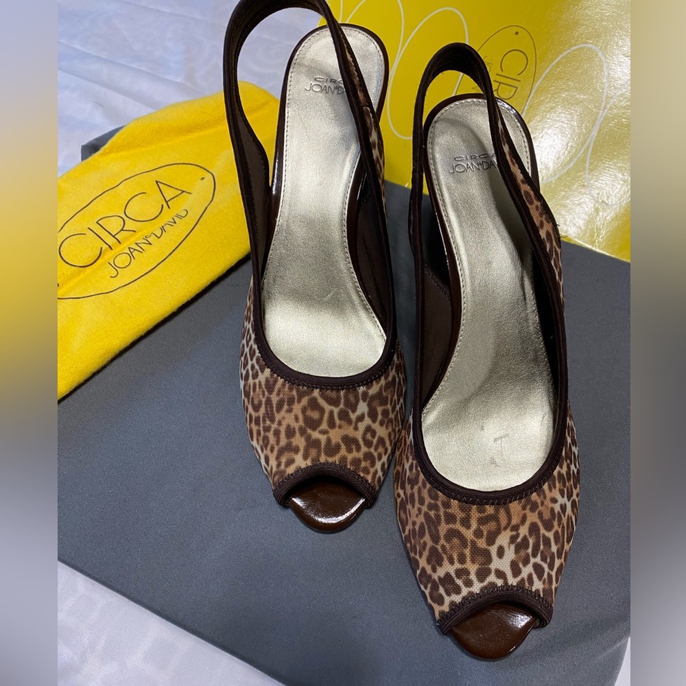 Joan & David stretch leopard Sling-back wedge heels w/Peep Toe